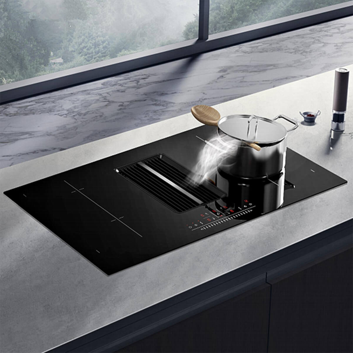 2025 New Products Induction Hob With Extractor Down-draft Hood 220V 7200W Induction Hob With Downdraft Extractor Fan